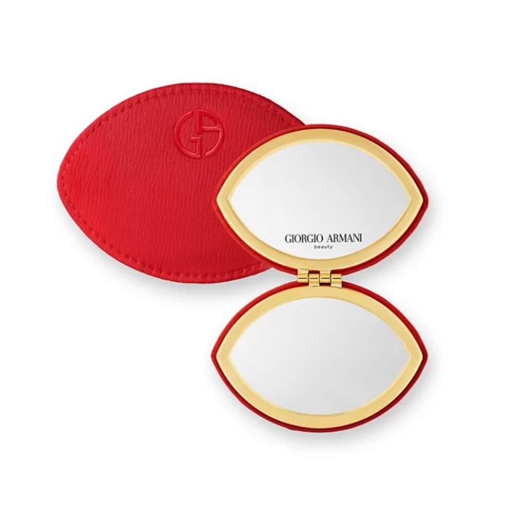 Giorgio Armani Red Oval Compact Mirror with Gold Trim and Elegant Pouch - NEW